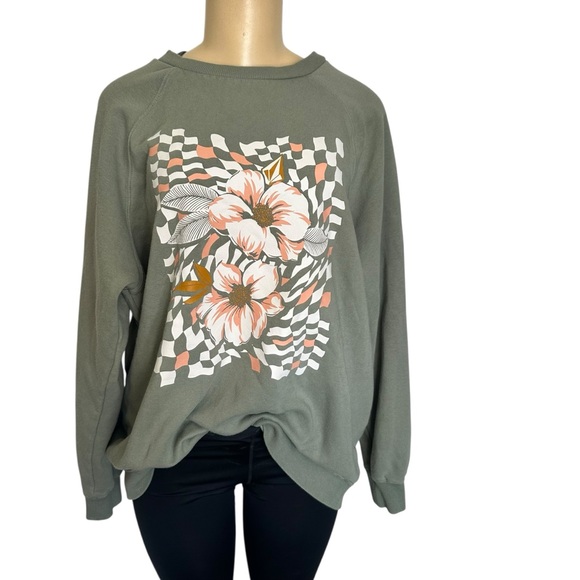 Volcom crewneck pullover floral graphic print Sage green sweatshirt women’s XL - Picture 1 of 5